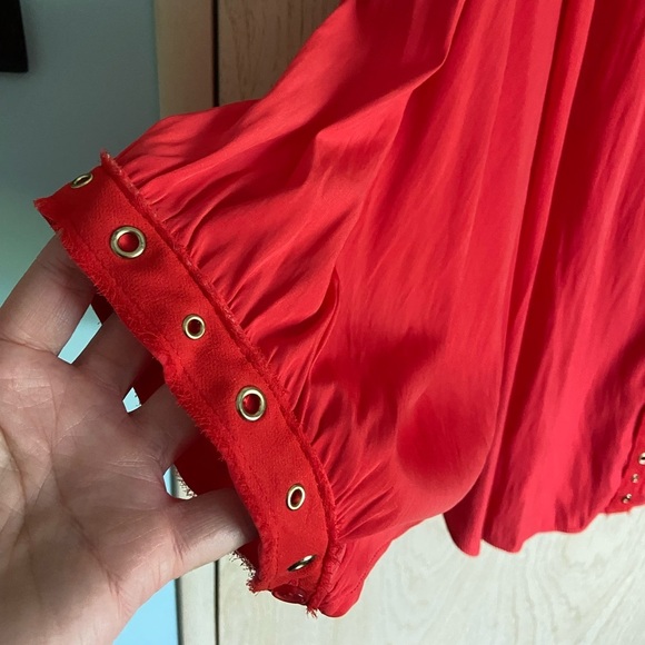 CHICOS Cherry Red Batwing Swing Blouse Grommet Accents Sz 3 XL - Picture 3 of 12